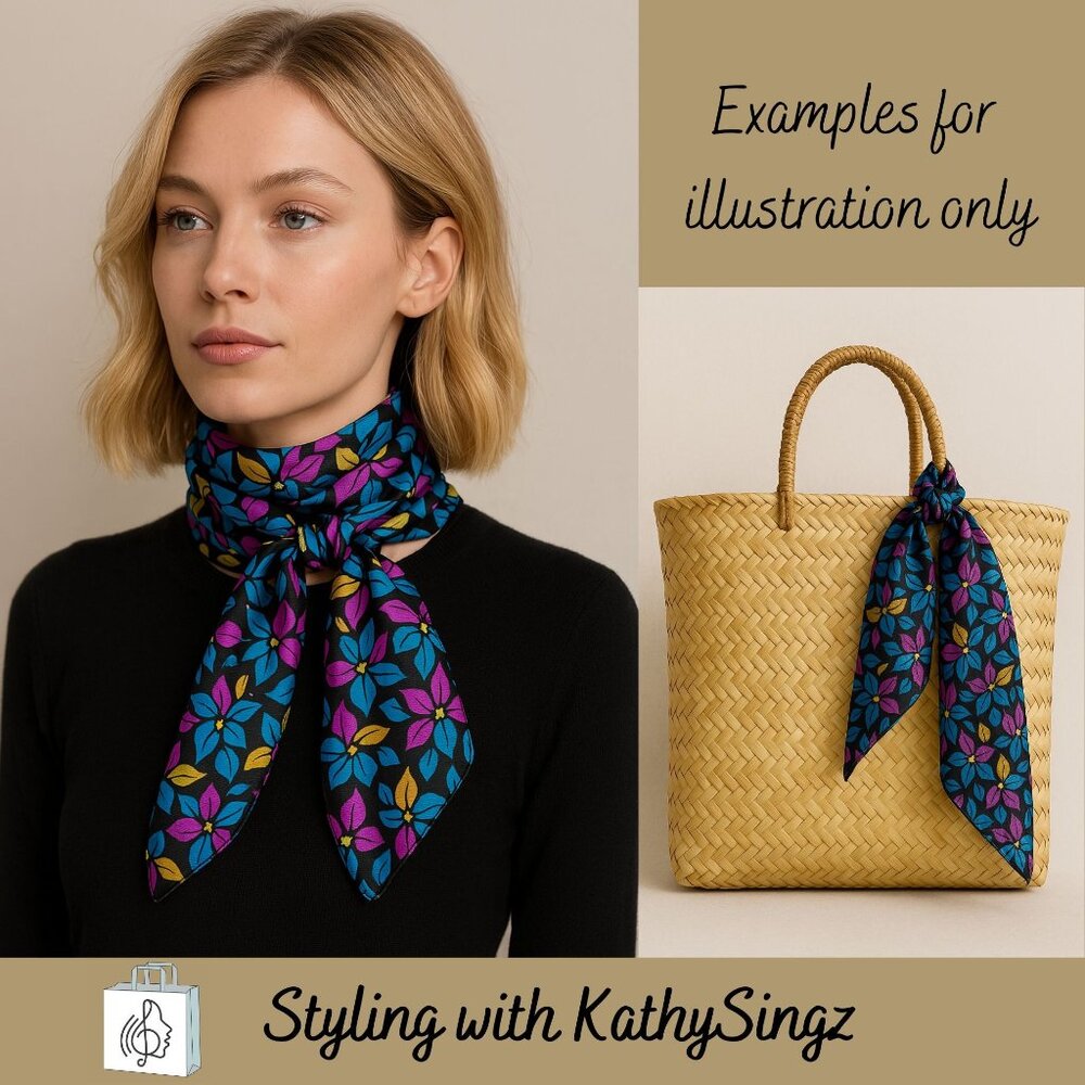 Vibrant Retro Floral Scarf for Neck Head Wrist Bag in Blue Purple Green Black